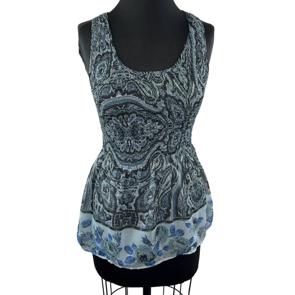 FREE PEOPLE Black Blue Paisley Floral Scoop Neck Smocked Back Sleeveless Top XS